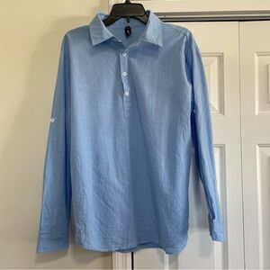 Ouku Soft Blue Linen Tunic w/Collar Buttons and Rollup Sleeves Size Large
